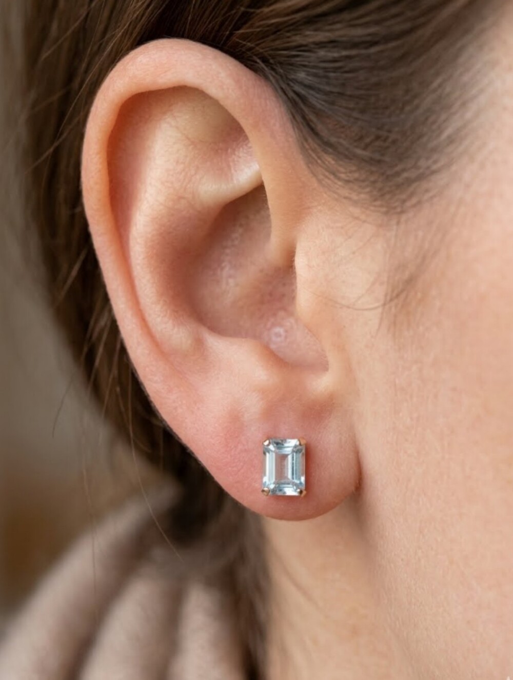 14k Aquamarine Emerald-Cut Stud Earrings Light Blue Rare Earth Jewelry